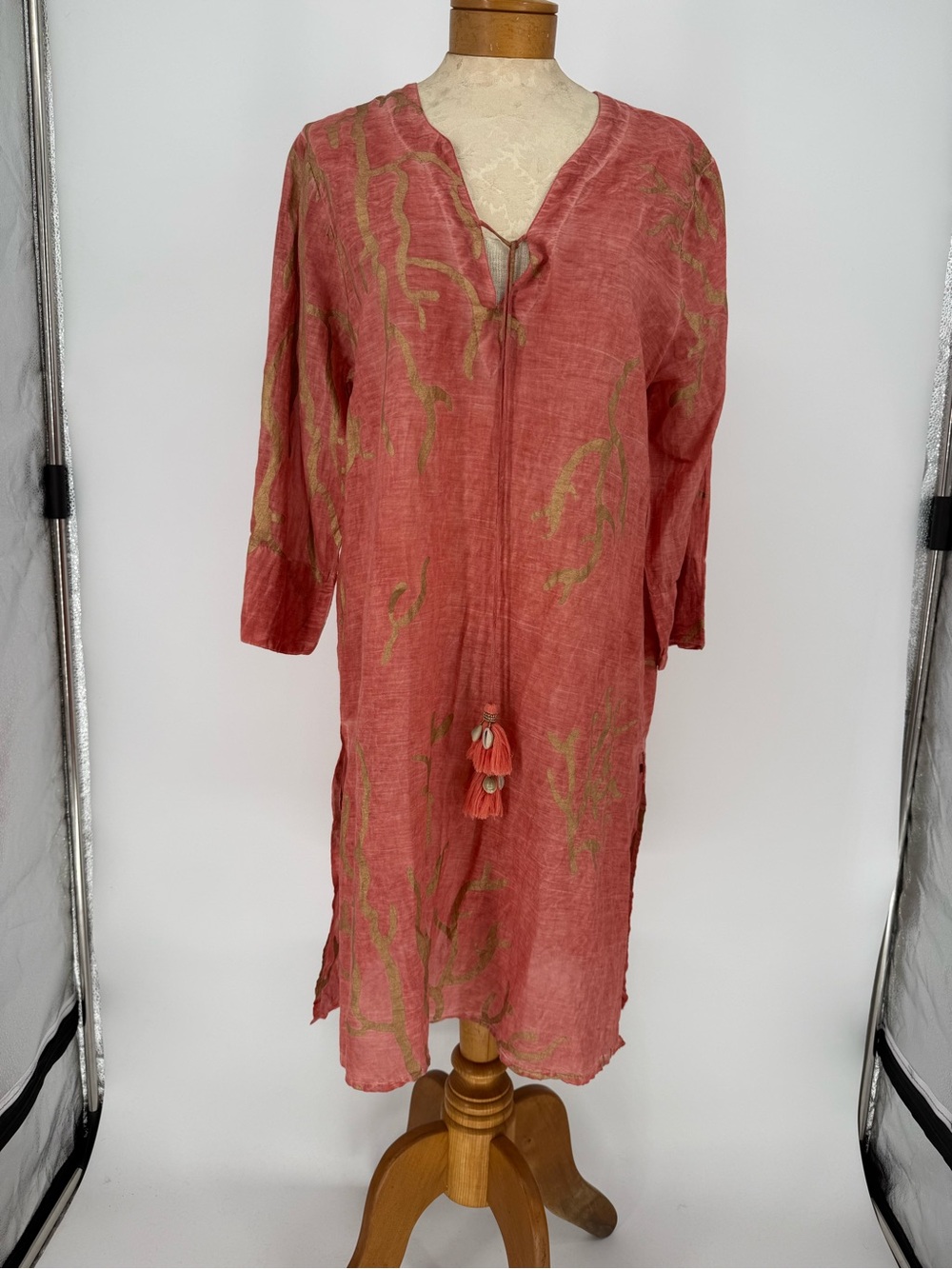 NWT Coral & Gold Mini Kaftan with Olive Brushstroke Print sz L/XL